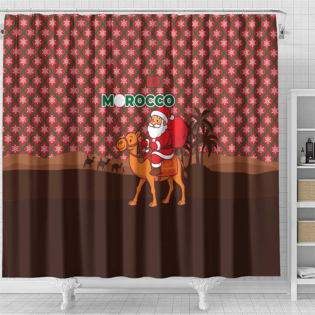 Morocco Christmas Shower Curtain with Santa Claus Camel Caravan Desert Scene and Red Pattern Design - Wonder Print Shop