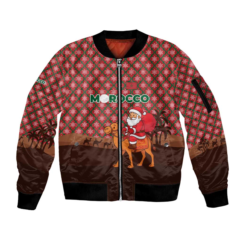 Morocco Christmas Sleeve Zip Bomber Jacket with Santa Claus Camel Caravan Desert Scene and Red Pattern Design - Wonder Print Shop