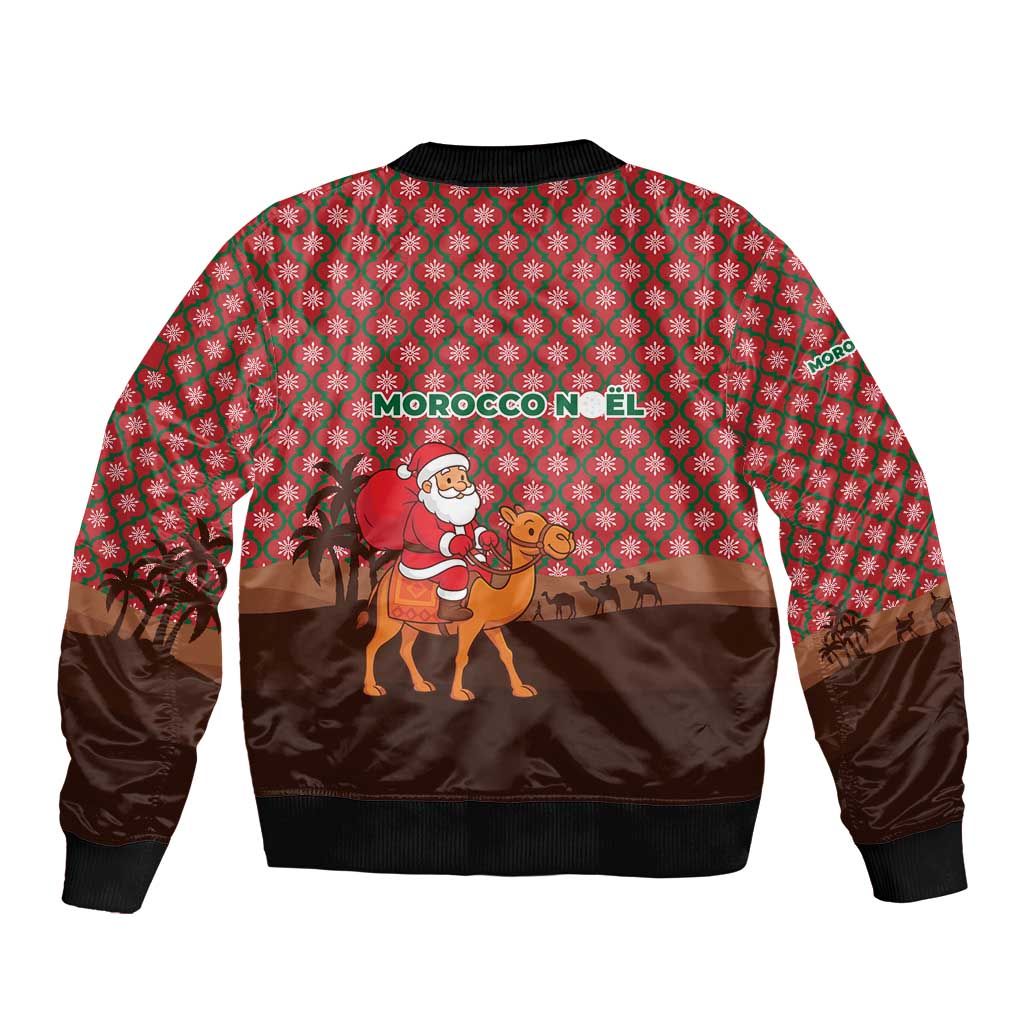 Morocco Christmas Sleeve Zip Bomber Jacket with Santa Claus Camel Caravan Desert Scene and Red Pattern Design - Wonder Print Shop