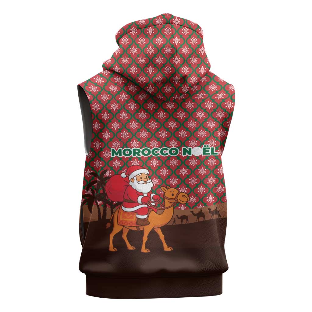 Morocco Christmas Sleeveless Hoodie with Santa Claus Camel Caravan Desert Scene and Red Pattern Design - Wonder Print Shop