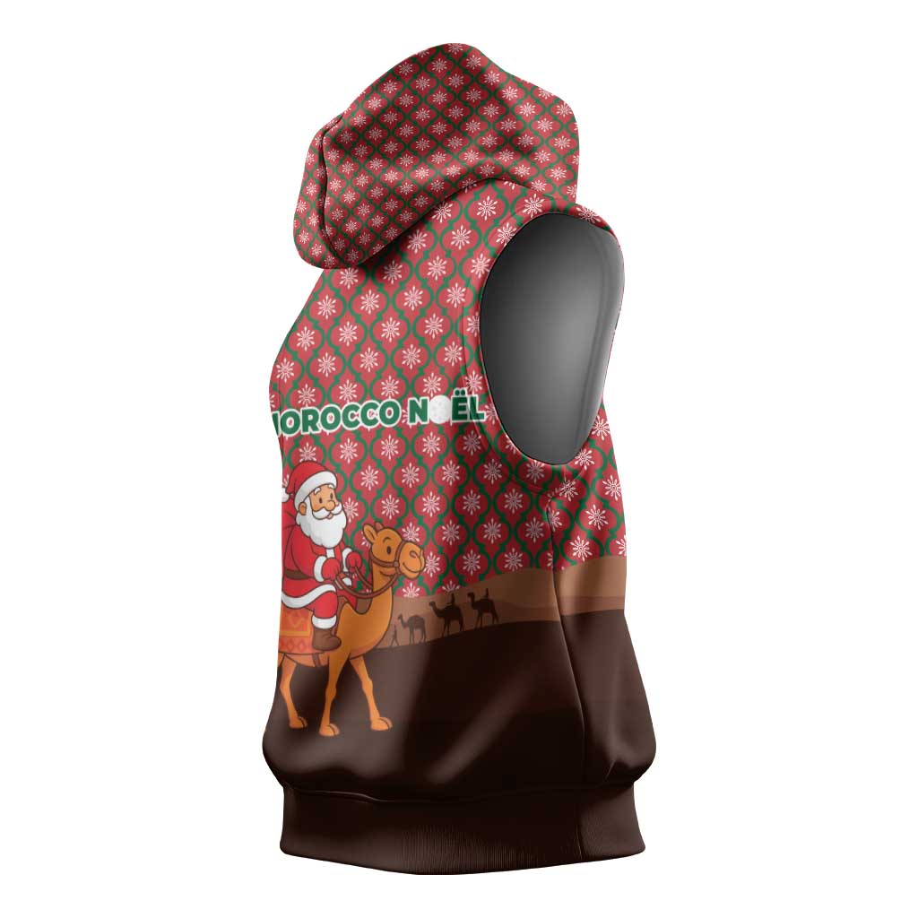 Morocco Christmas Sleeveless Hoodie with Santa Claus Camel Caravan Desert Scene and Red Pattern Design - Wonder Print Shop
