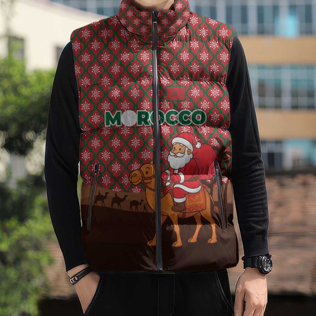 Morocco Christmas Sleeveless Puffer Jacket with Santa Claus Camel Caravan Desert Scene and Red Pattern Design - Wonder Print Shop