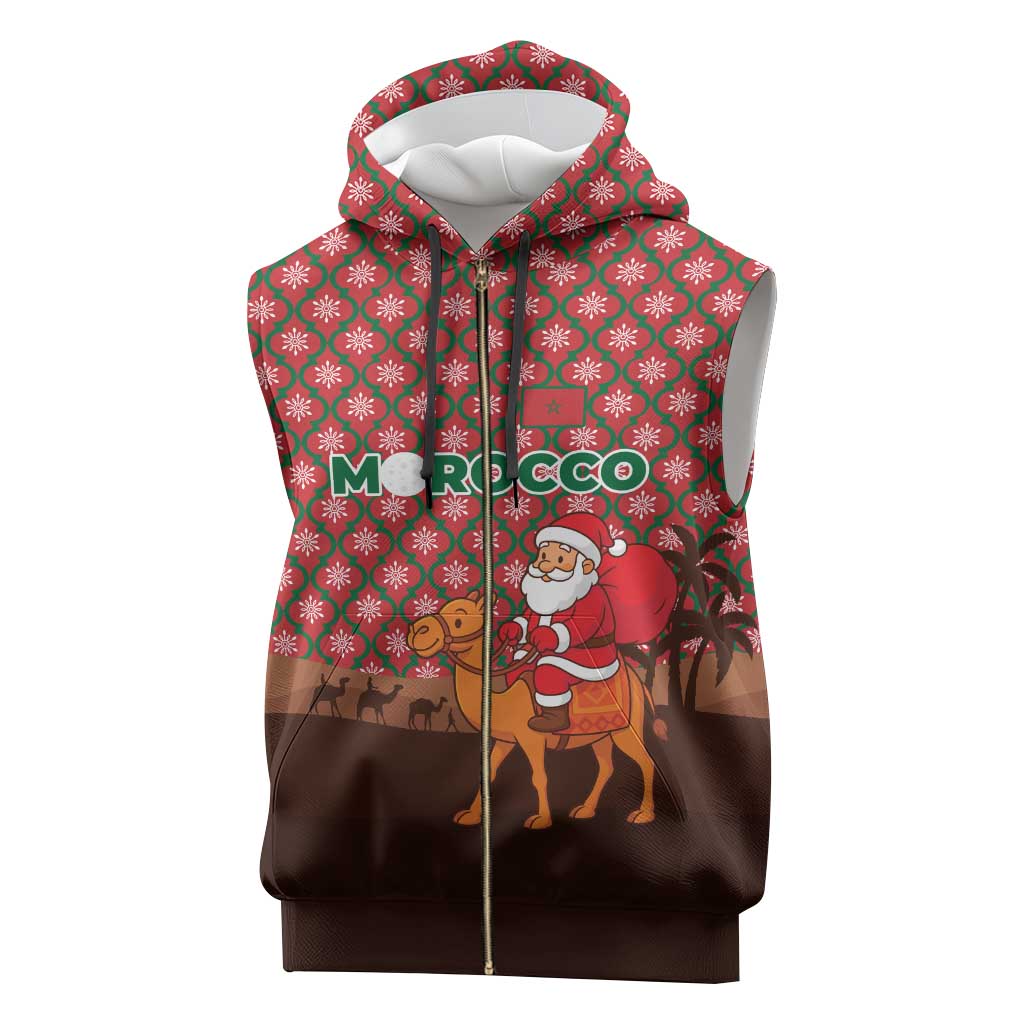 Morocco Christmas Sleeveless Zip Hoodie with Santa Claus Camel Caravan Desert Scene and Red Pattern Design - Wonder Print Shop