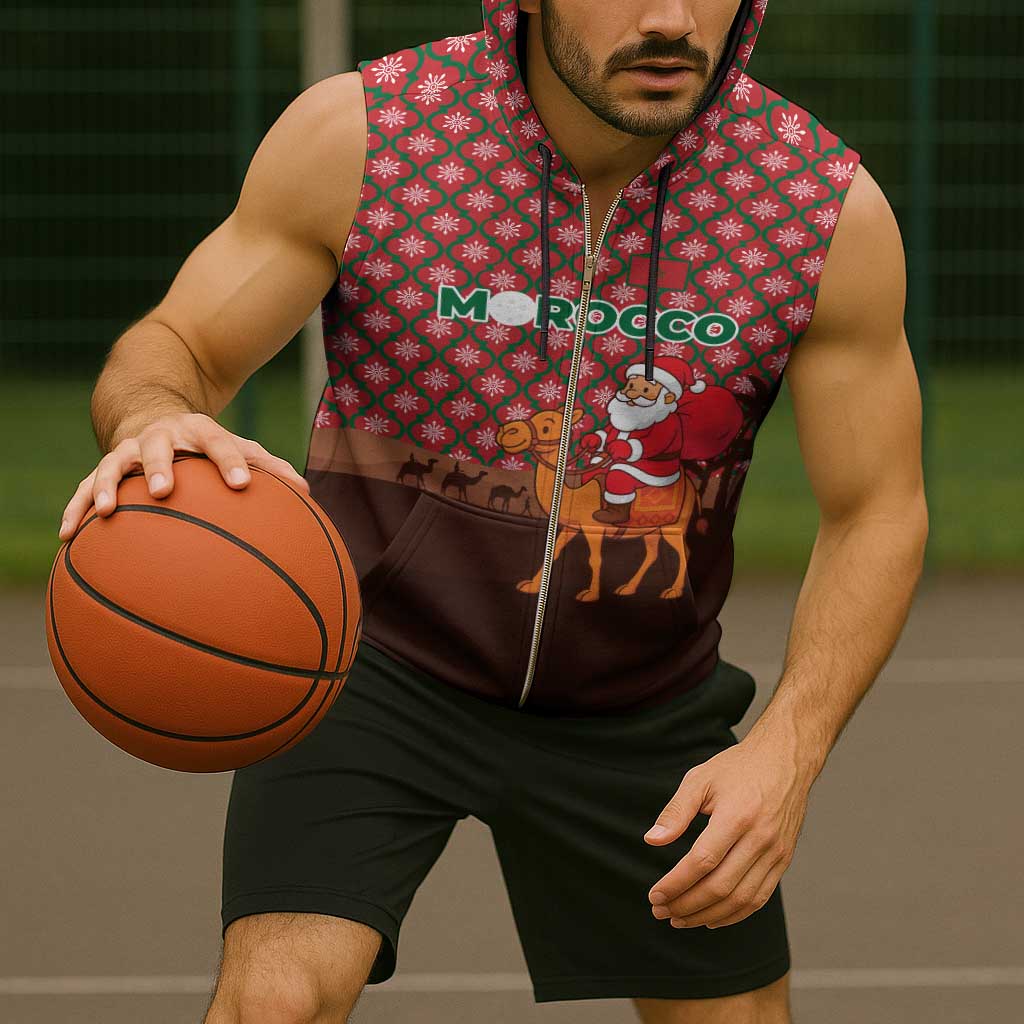 Morocco Christmas Sleeveless Zip Hoodie with Santa Claus Camel Caravan Desert Scene and Red Pattern Design - Wonder Print Shop