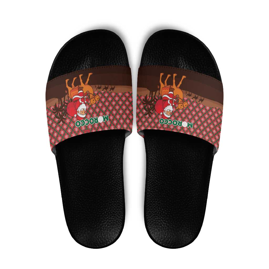 Morocco Christmas Slide Sandals with Santa Claus Camel Caravan Desert Scene and Red Pattern Design - Wonder Print Shop