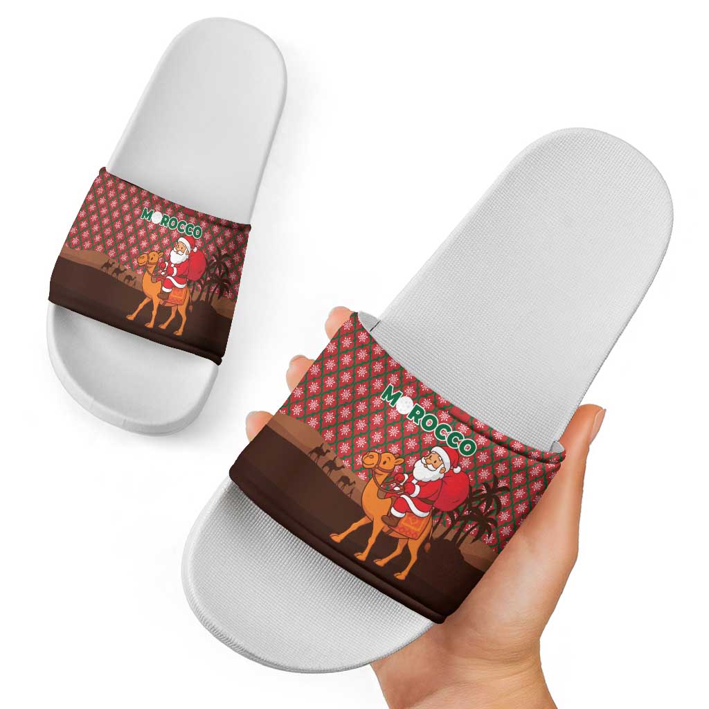 Morocco Christmas Slide Sandals with Santa Claus Camel Caravan Desert Scene and Red Pattern Design - Wonder Print Shop
