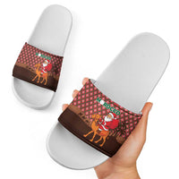 Morocco Christmas Slide Sandals with Santa Claus Camel Caravan Desert Scene and Red Pattern Design - Wonder Print Shop