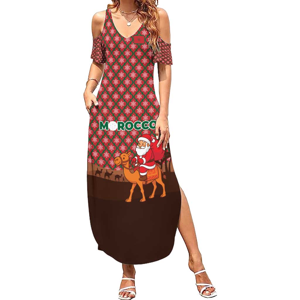 Morocco Christmas Summer Maxi Dress with Santa Claus Camel Caravan Desert Scene and Red Pattern Design - Wonder Print Shop
