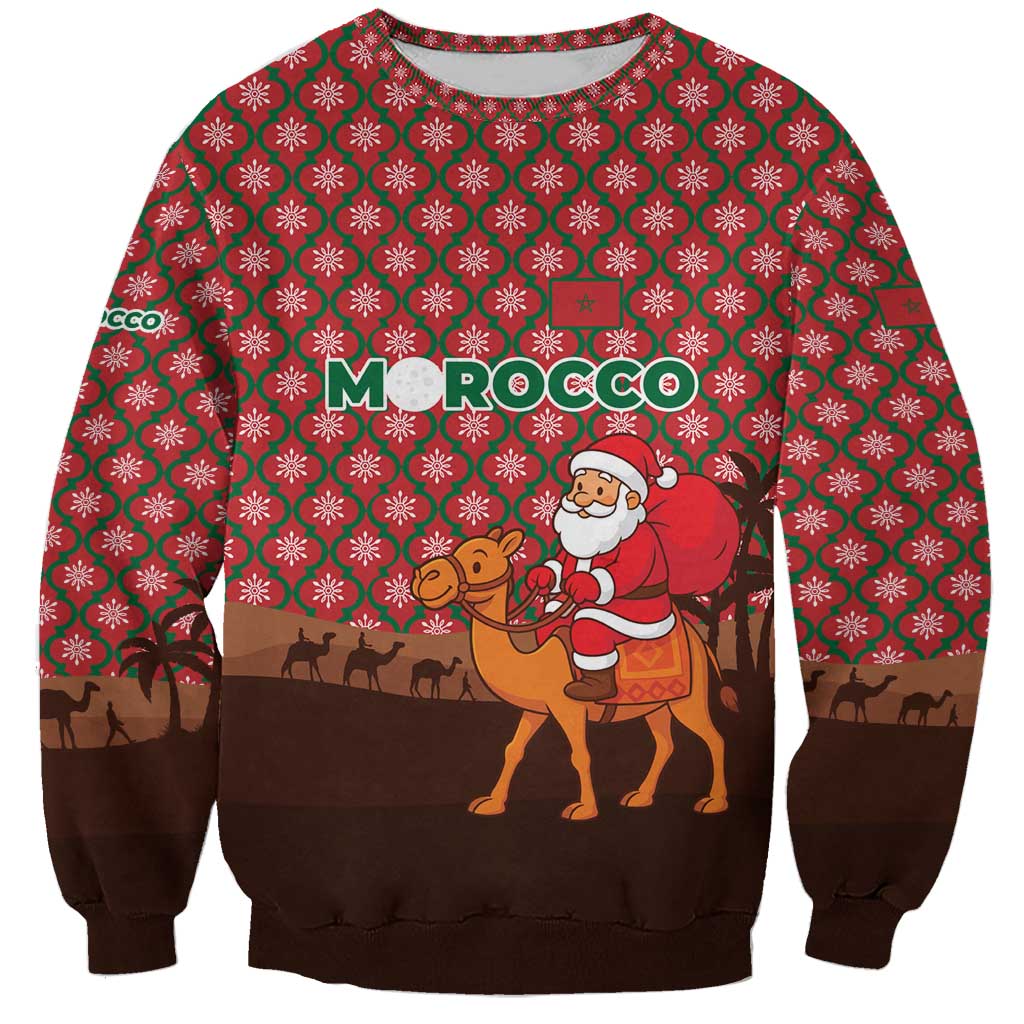 Morocco Christmas Sweatshirt with Santa Claus Camel Caravan Desert Scene and Red Pattern Design - Wonder Print Shop