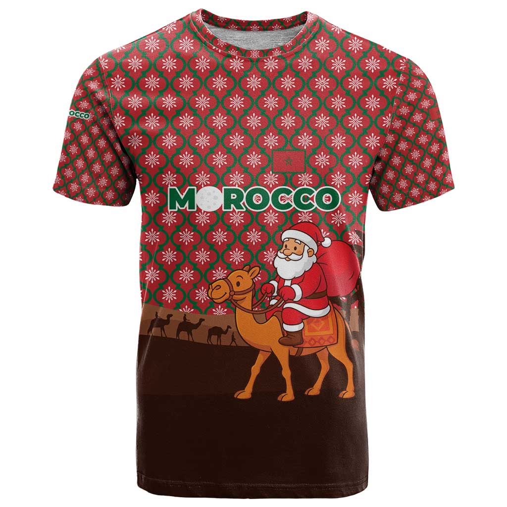Morocco Christmas T Shirt with Santa Claus Camel Caravan Desert Scene and Red Pattern Design - Wonder Print Shop