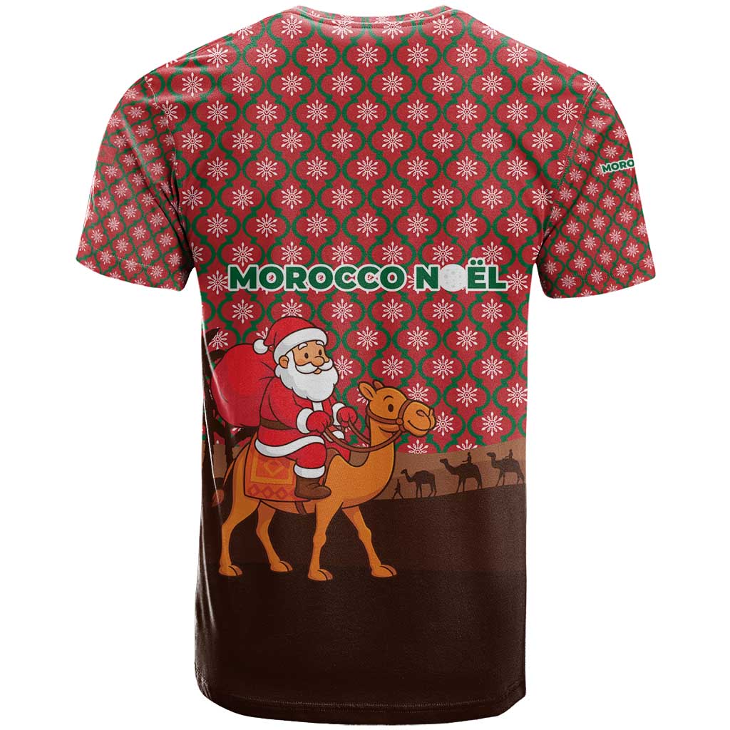 Morocco Christmas T Shirt with Santa Claus Camel Caravan Desert Scene and Red Pattern Design - Wonder Print Shop