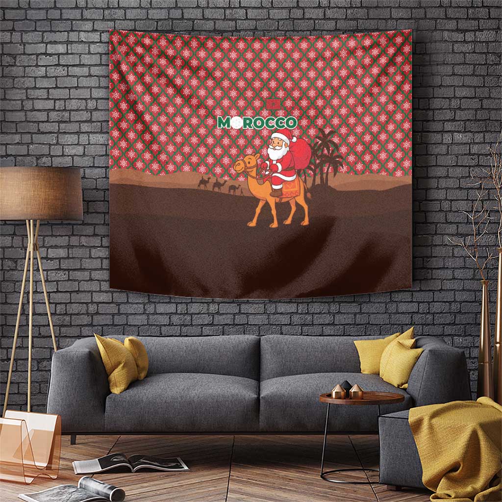 Morocco Christmas Tapestry with Santa Claus Camel Caravan Desert Scene and Red Pattern Design - Wonder Print Shop