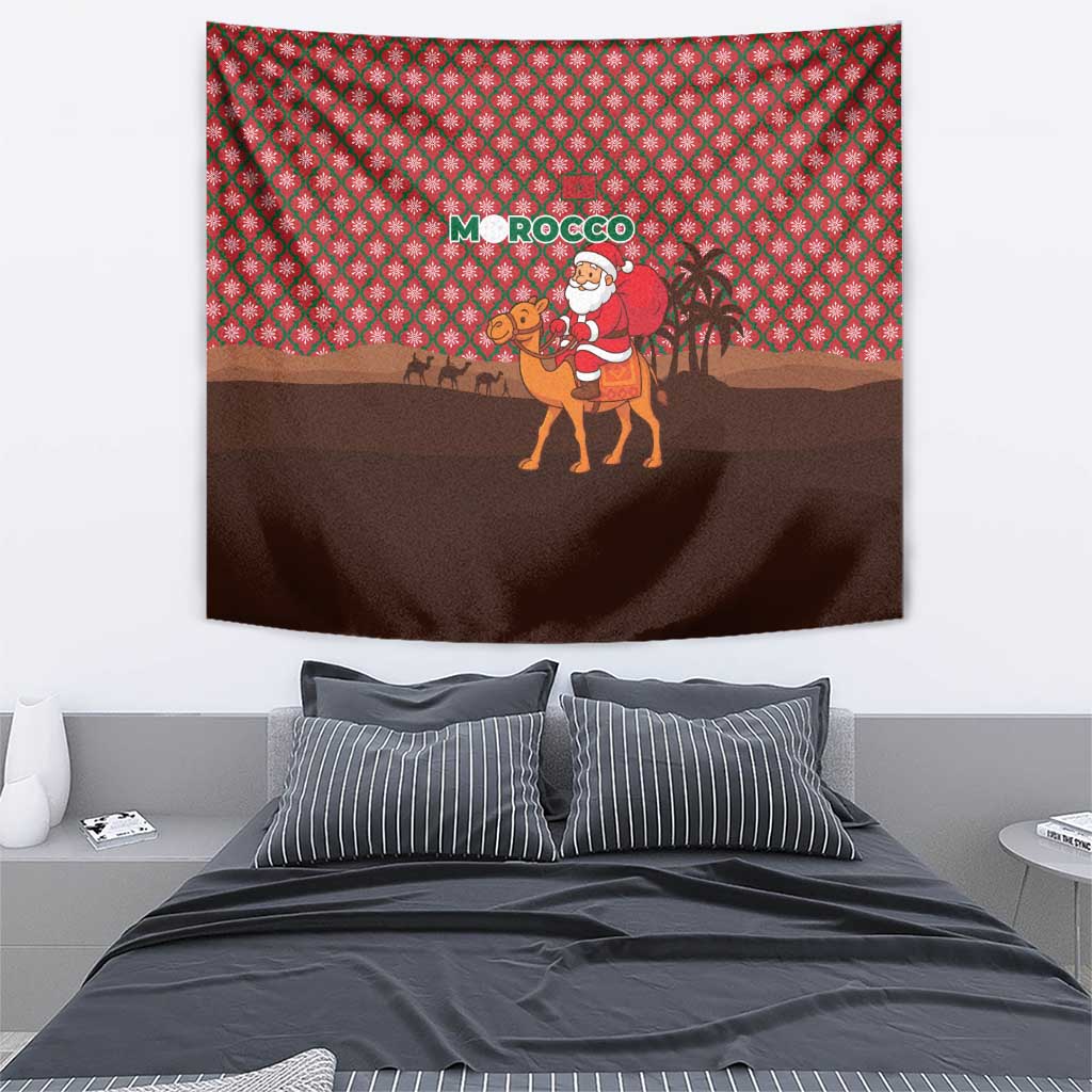 Morocco Christmas Tapestry with Santa Claus Camel Caravan Desert Scene and Red Pattern Design - Wonder Print Shop
