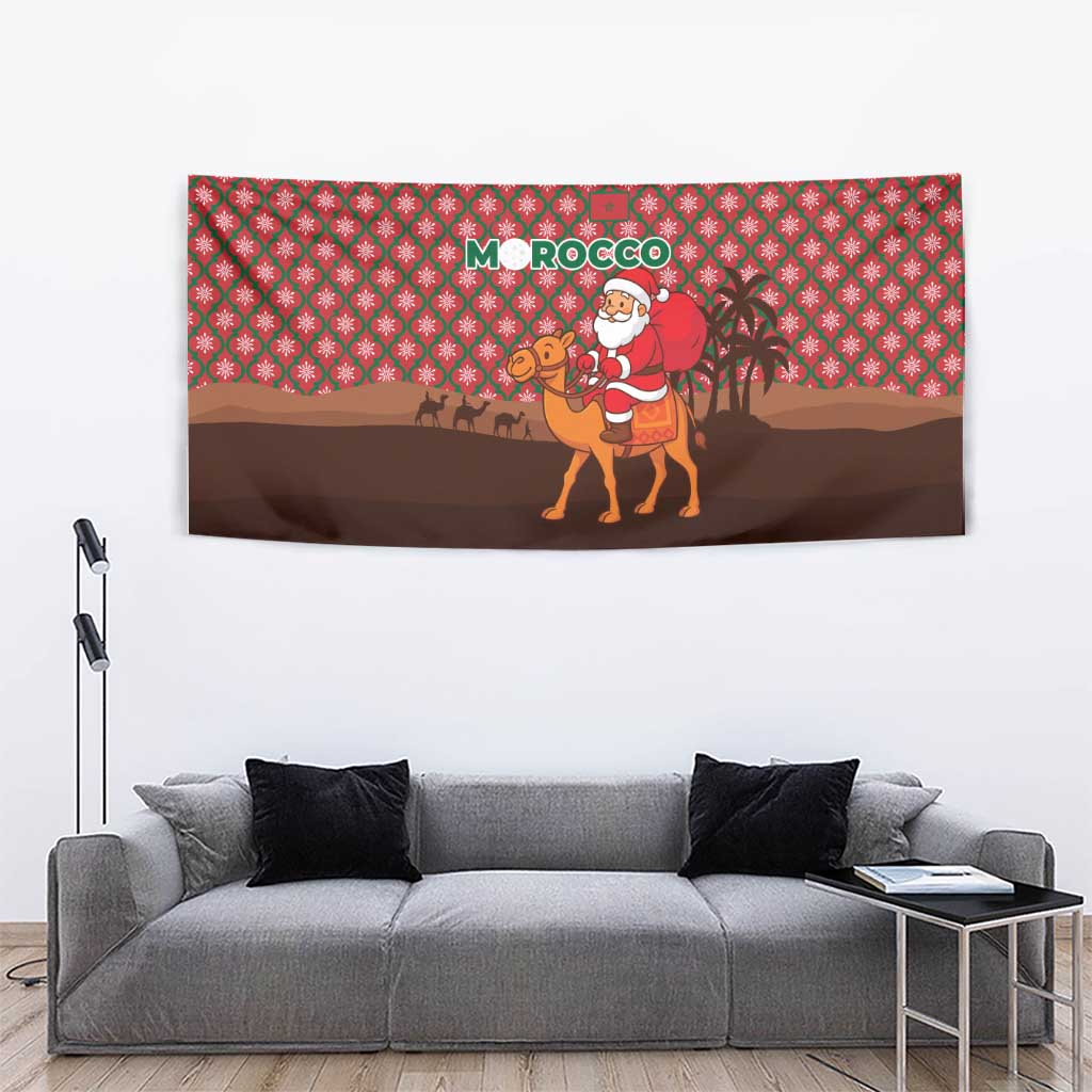 Morocco Christmas Tapestry with Santa Claus Camel Caravan Desert Scene and Red Pattern Design - Wonder Print Shop