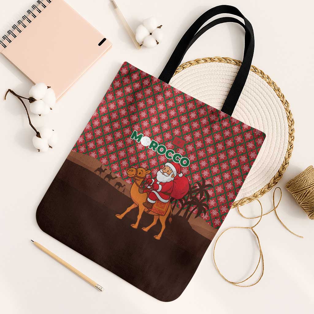 Morocco Christmas Tote Bag with Santa Claus Camel Caravan Desert Scene and Red Pattern Design - Wonder Print Shop
