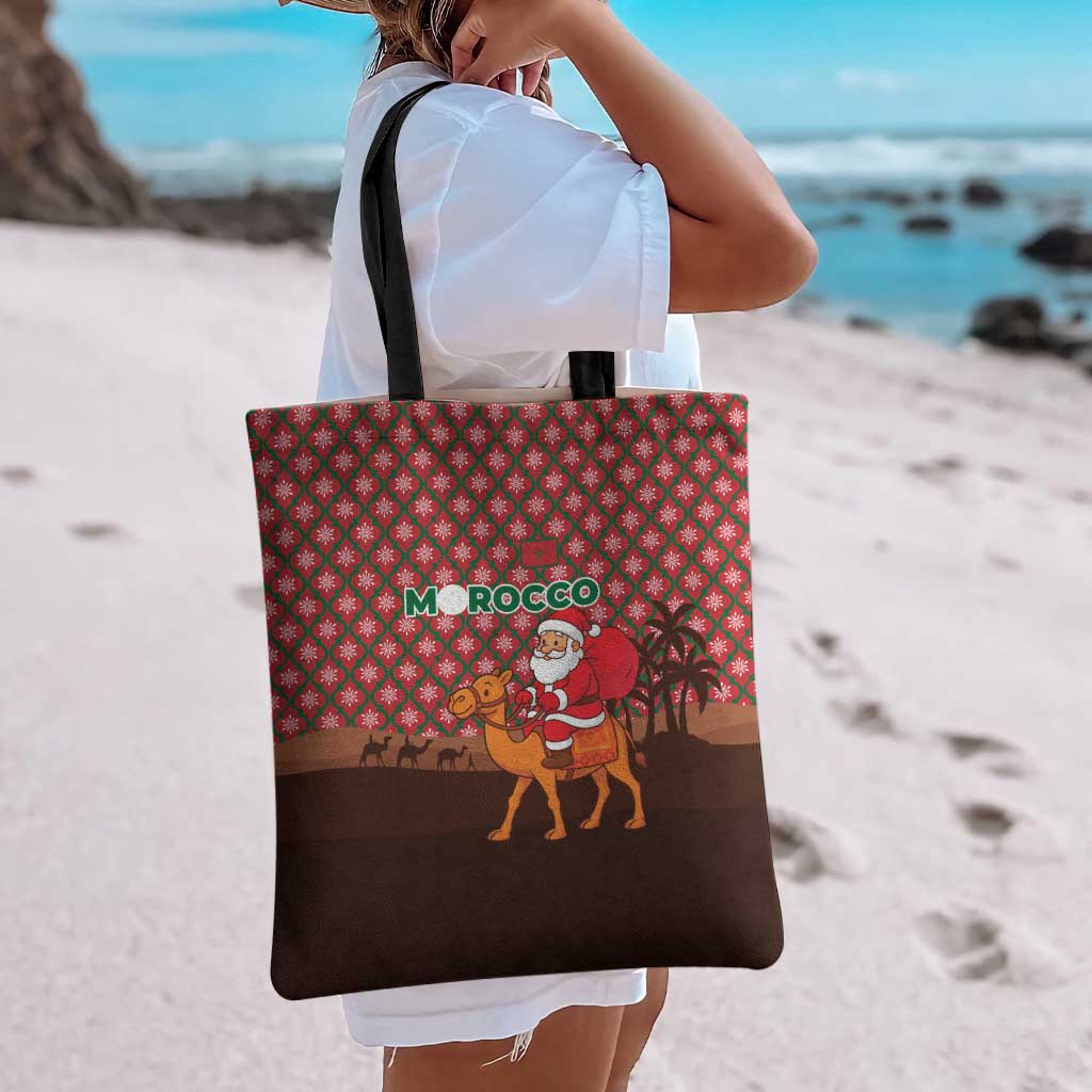 Morocco Christmas Tote Bag with Santa Claus Camel Caravan Desert Scene and Red Pattern Design - Wonder Print Shop