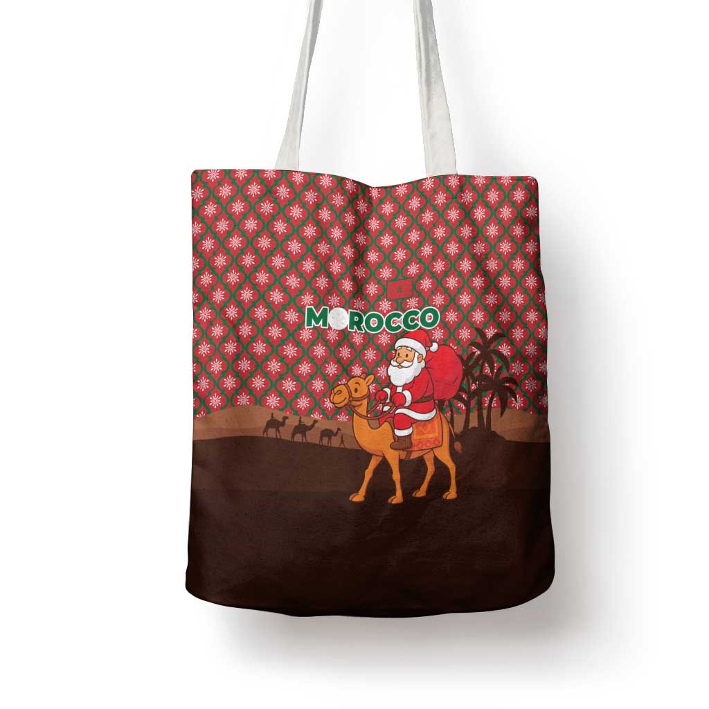 Morocco Christmas Tote Bag with Santa Claus Camel Caravan Desert Scene and Red Pattern Design - Wonder Print Shop