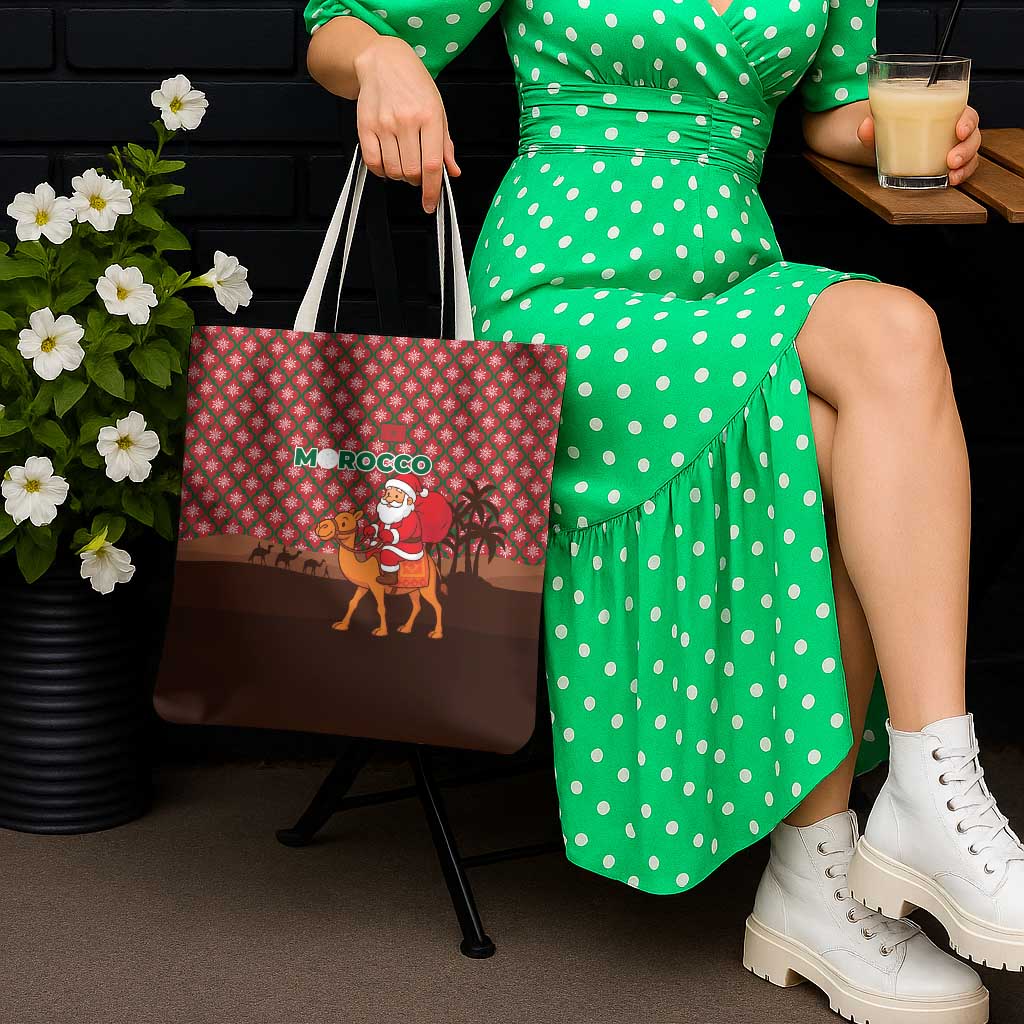 Morocco Christmas Tote Bag with Santa Claus Camel Caravan Desert Scene and Red Pattern Design - Wonder Print Shop