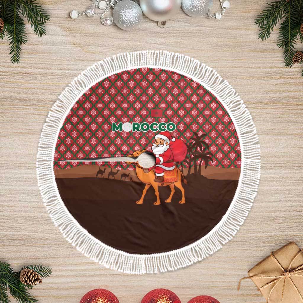 Morocco Christmas Tree Skirt with Santa Claus Camel Caravan Desert Scene and Red Pattern Design - Wonder Print Shop