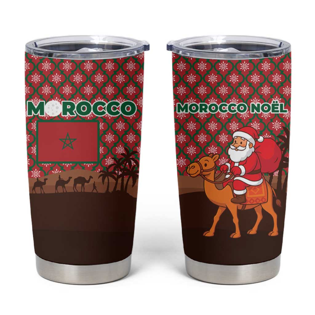 Morocco Christmas Tumbler Cup with Santa Claus Camel Caravan Desert Scene and Red Pattern Design - Wonder Print Shop