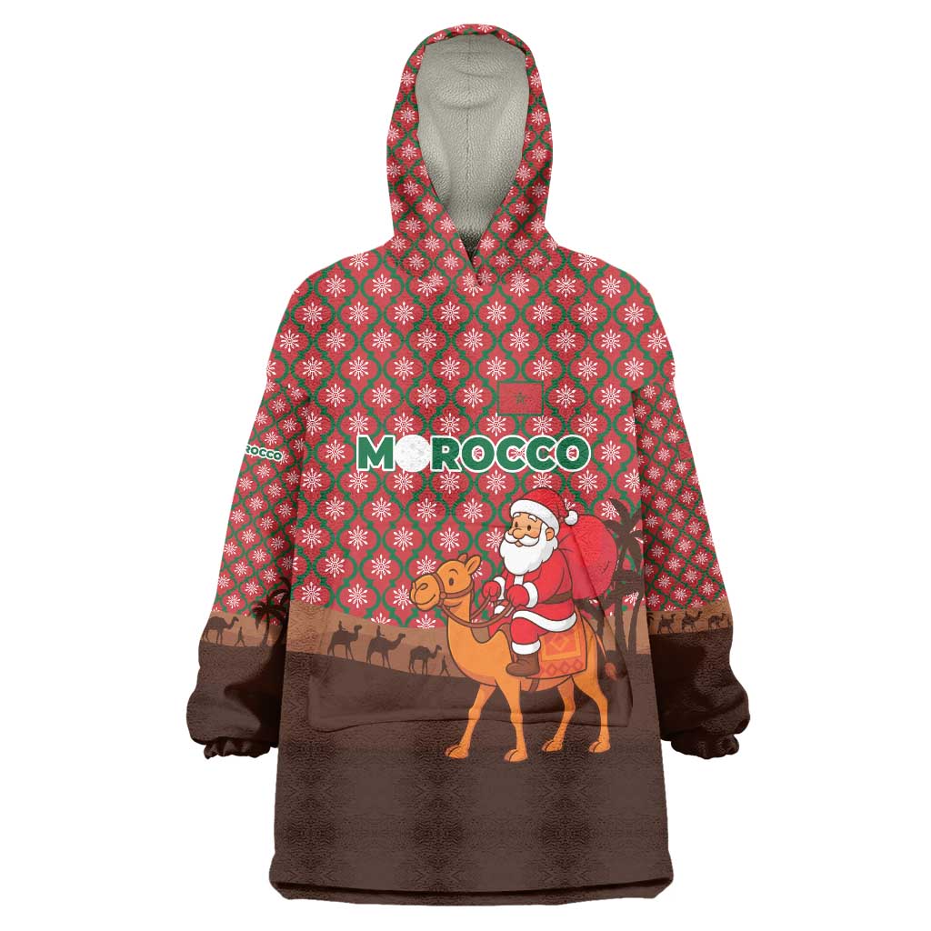Morocco Christmas Wearable Blanket Hoodie with Santa Claus Camel Caravan Desert Scene and Red Pattern Design - Wonder Print Shop