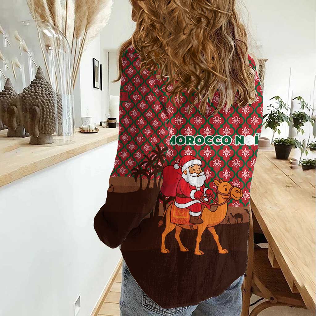 Morocco Christmas Women Casual Shirt with Santa Claus Camel Caravan Desert Scene and Red Pattern Design - Wonder Print Shop