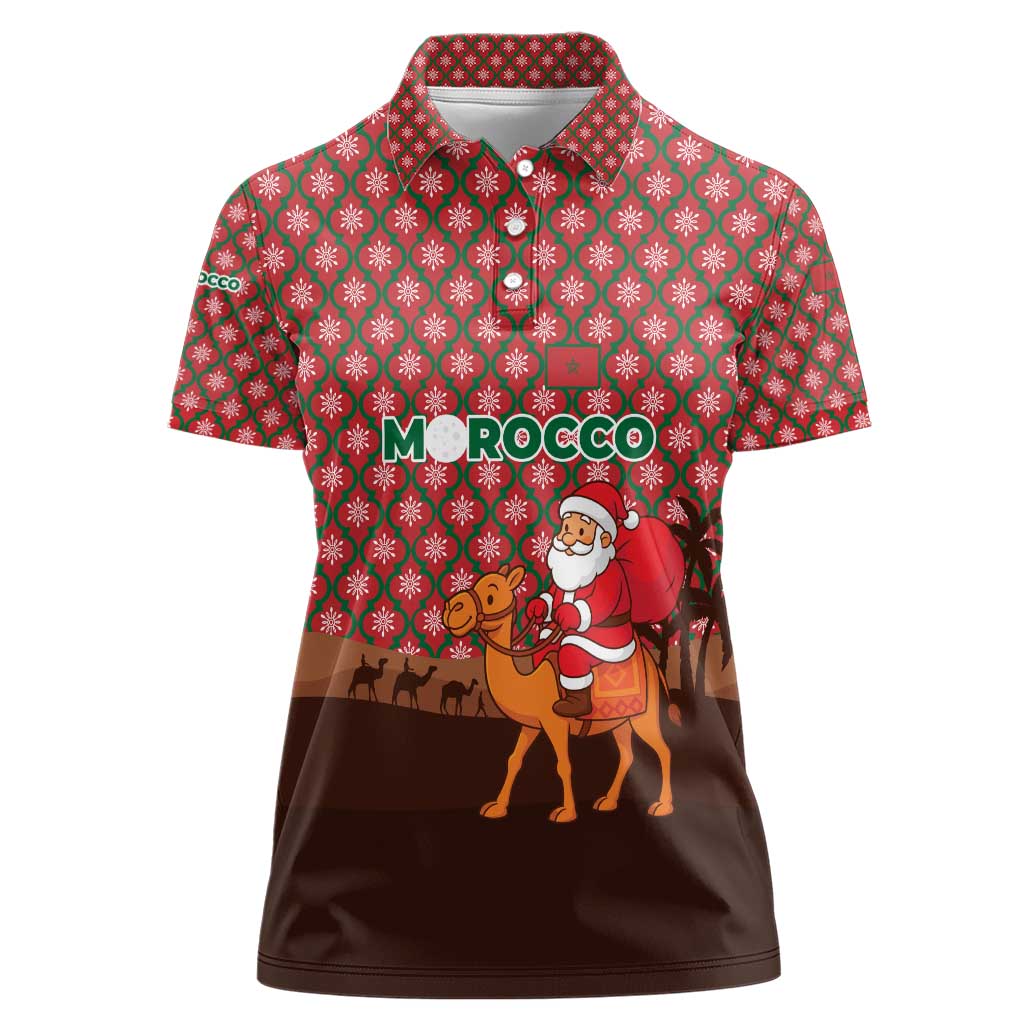 Morocco Christmas Women Polo Shirt with Santa Claus Camel Caravan Desert Scene and Red Pattern Design - Wonder Print Shop