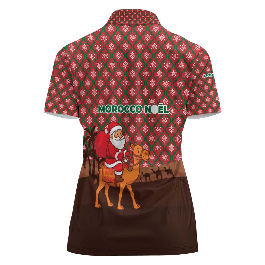 Morocco Christmas Women Polo Shirt with Santa Claus Camel Caravan Desert Scene and Red Pattern Design - Wonder Print Shop