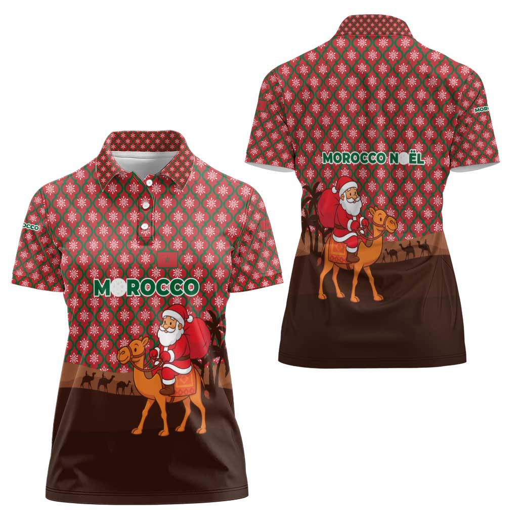 Morocco Christmas Women Polo Shirt with Santa Claus Camel Caravan Desert Scene and Red Pattern Design - Wonder Print Shop