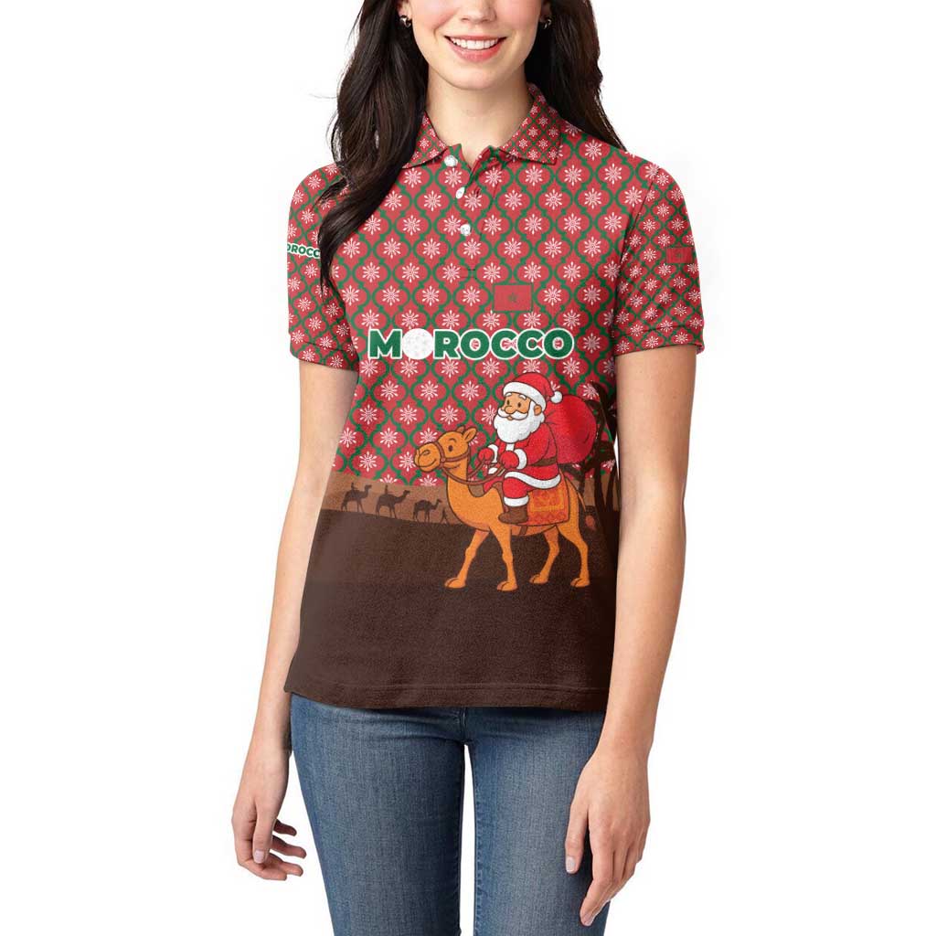 Morocco Christmas Women Polo Shirt with Santa Claus Camel Caravan Desert Scene and Red Pattern Design - Wonder Print Shop