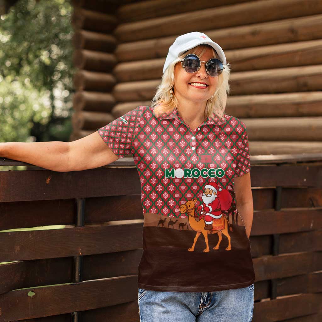 Morocco Christmas Women Polo Shirt with Santa Claus Camel Caravan Desert Scene and Red Pattern Design - Wonder Print Shop