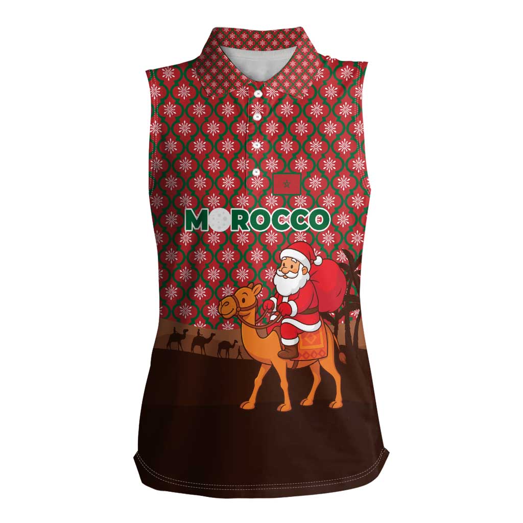 Morocco Christmas Women Sleeveless Polo Shirt with Santa Claus Camel Caravan Desert Scene and Red Pattern Design - Wonder Print Shop