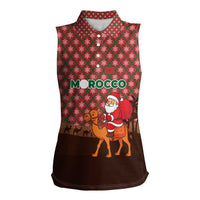 Morocco Christmas Women Sleeveless Polo Shirt with Santa Claus Camel Caravan Desert Scene and Red Pattern Design - Wonder Print Shop