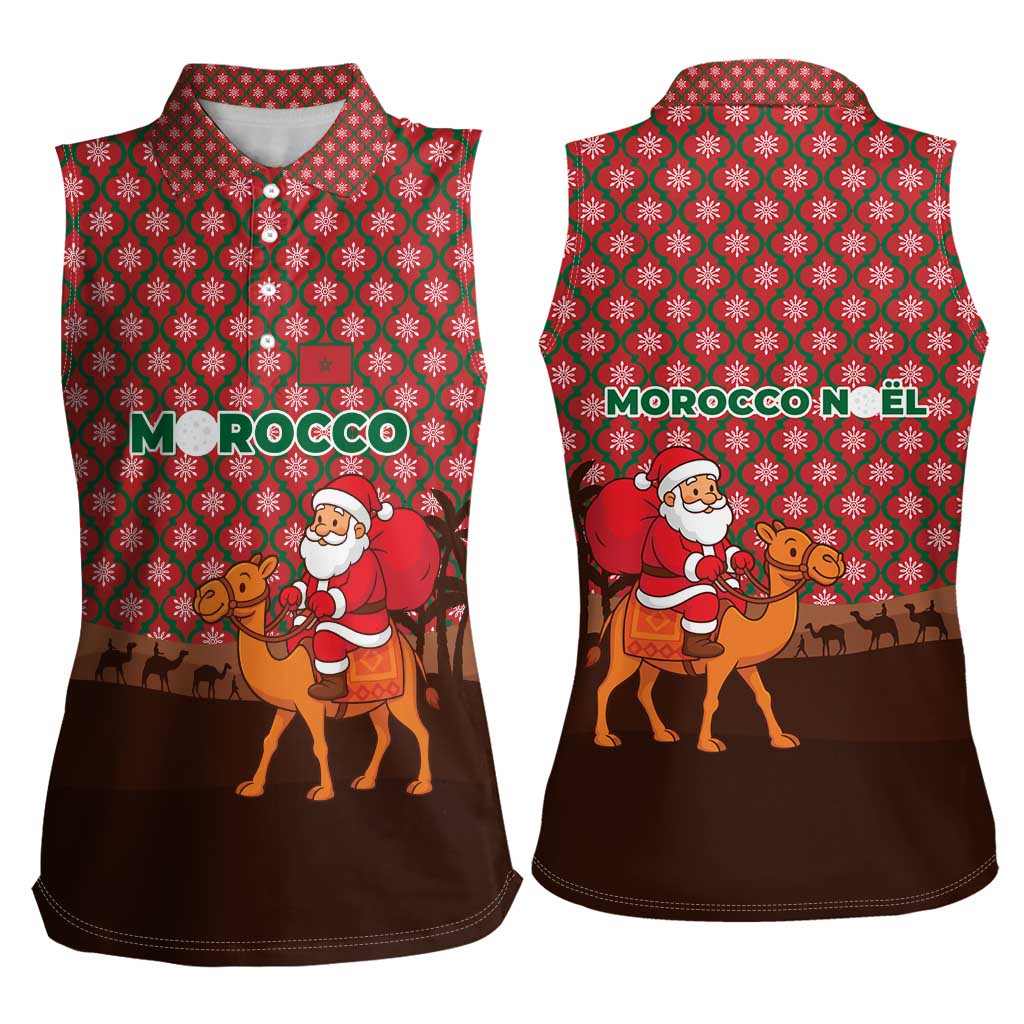 Morocco Christmas Women Sleeveless Polo Shirt with Santa Claus Camel Caravan Desert Scene and Red Pattern Design - Wonder Print Shop