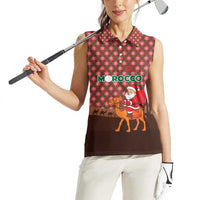 Morocco Christmas Women Sleeveless Polo Shirt with Santa Claus Camel Caravan Desert Scene and Red Pattern Design - Wonder Print Shop
