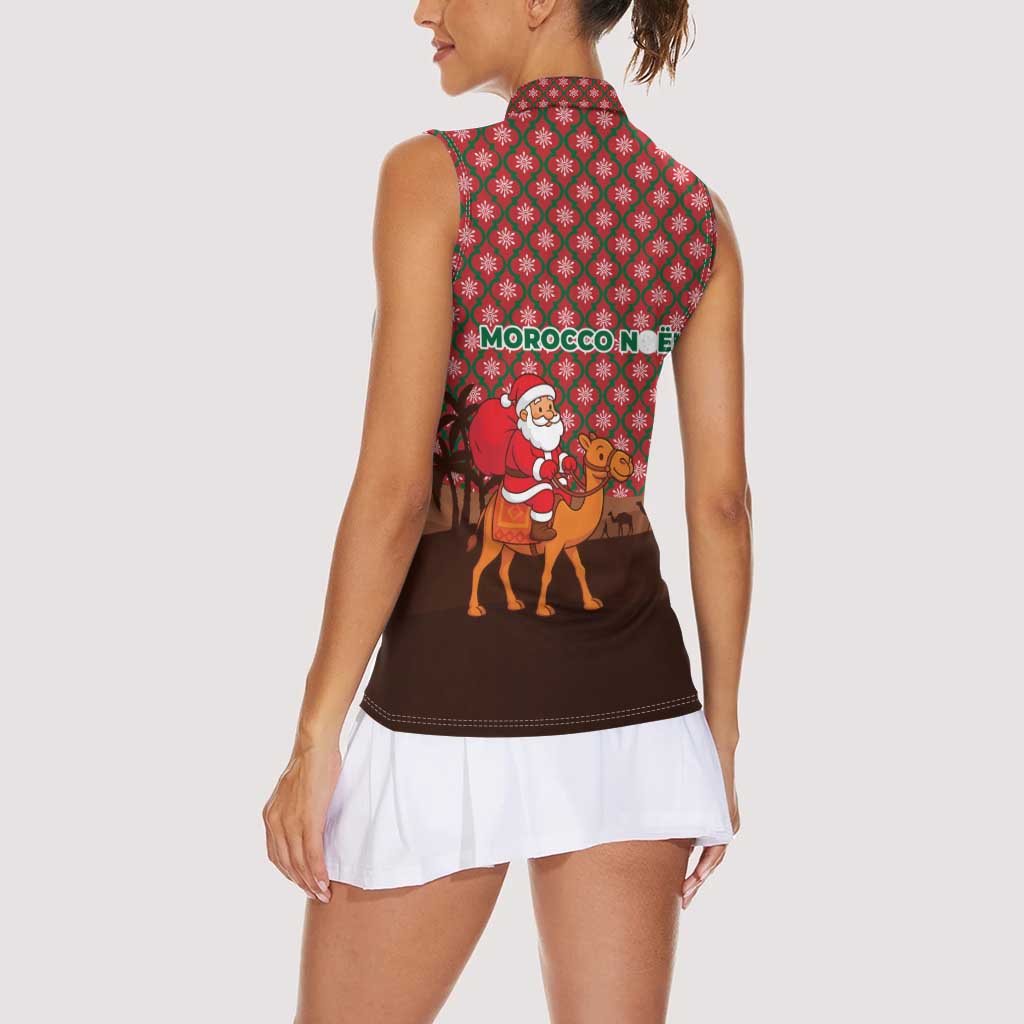 Morocco Christmas Women Sleeveless Polo Shirt with Santa Claus Camel Caravan Desert Scene and Red Pattern Design - Wonder Print Shop