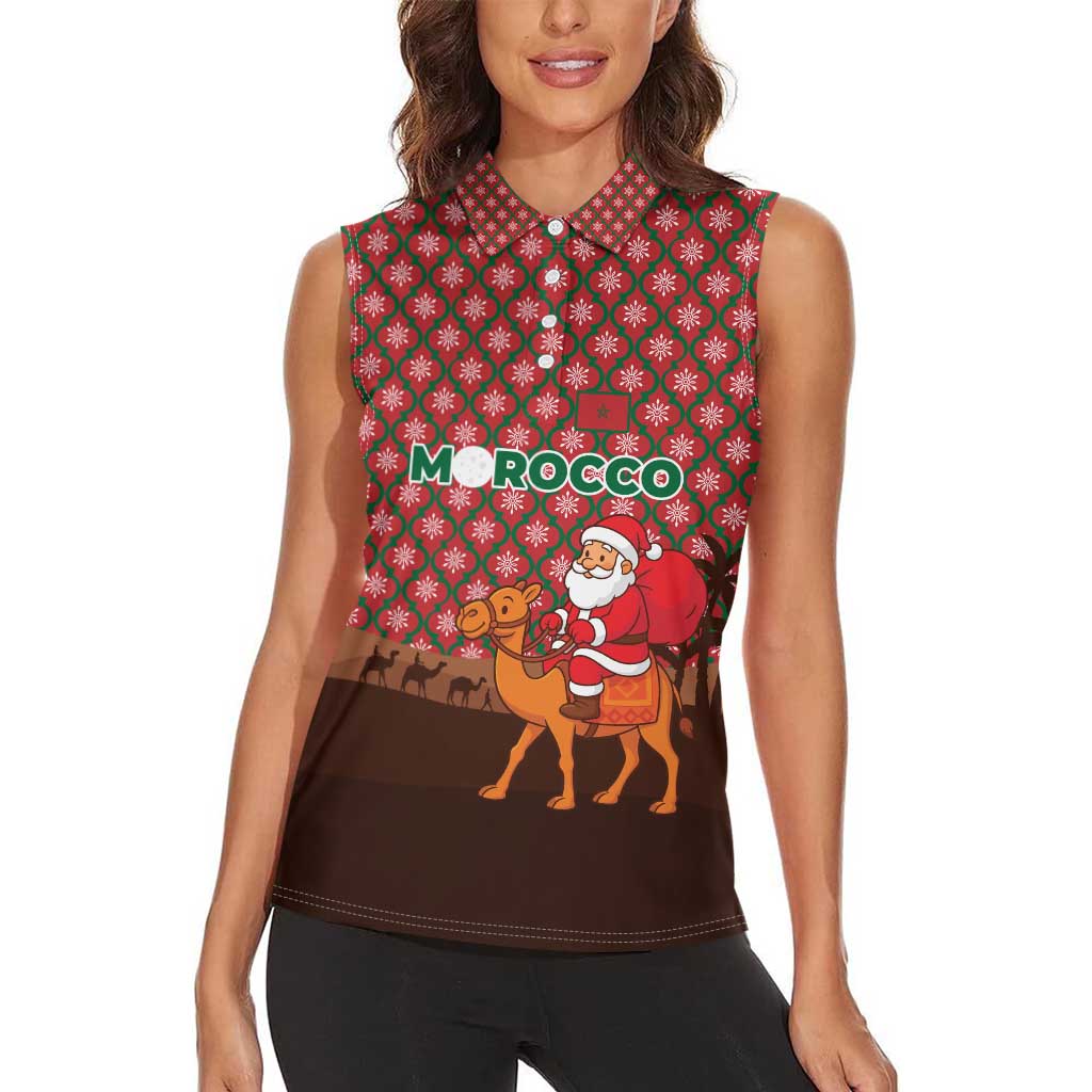 Morocco Christmas Women Sleeveless Polo Shirt with Santa Claus Camel Caravan Desert Scene and Red Pattern Design - Wonder Print Shop