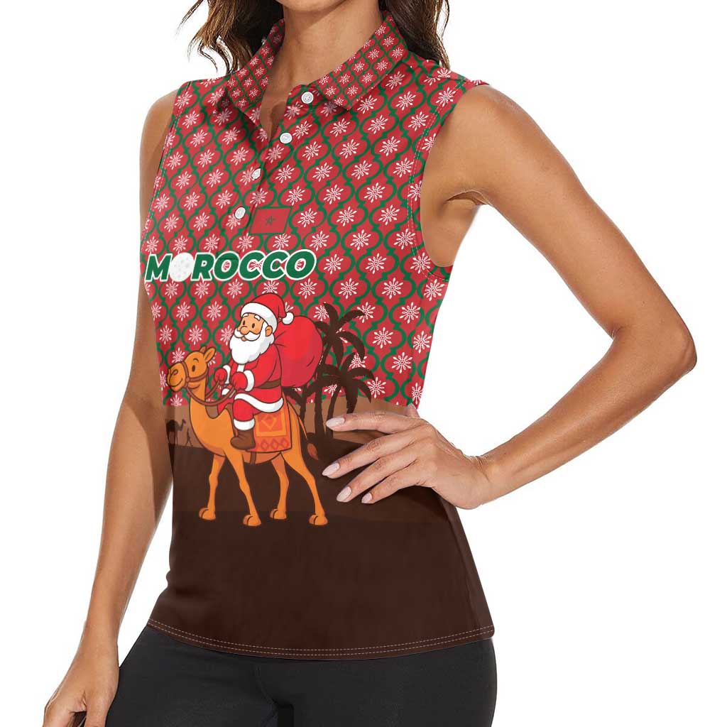 Morocco Christmas Women Sleeveless Polo Shirt with Santa Claus Camel Caravan Desert Scene and Red Pattern Design - Wonder Print Shop