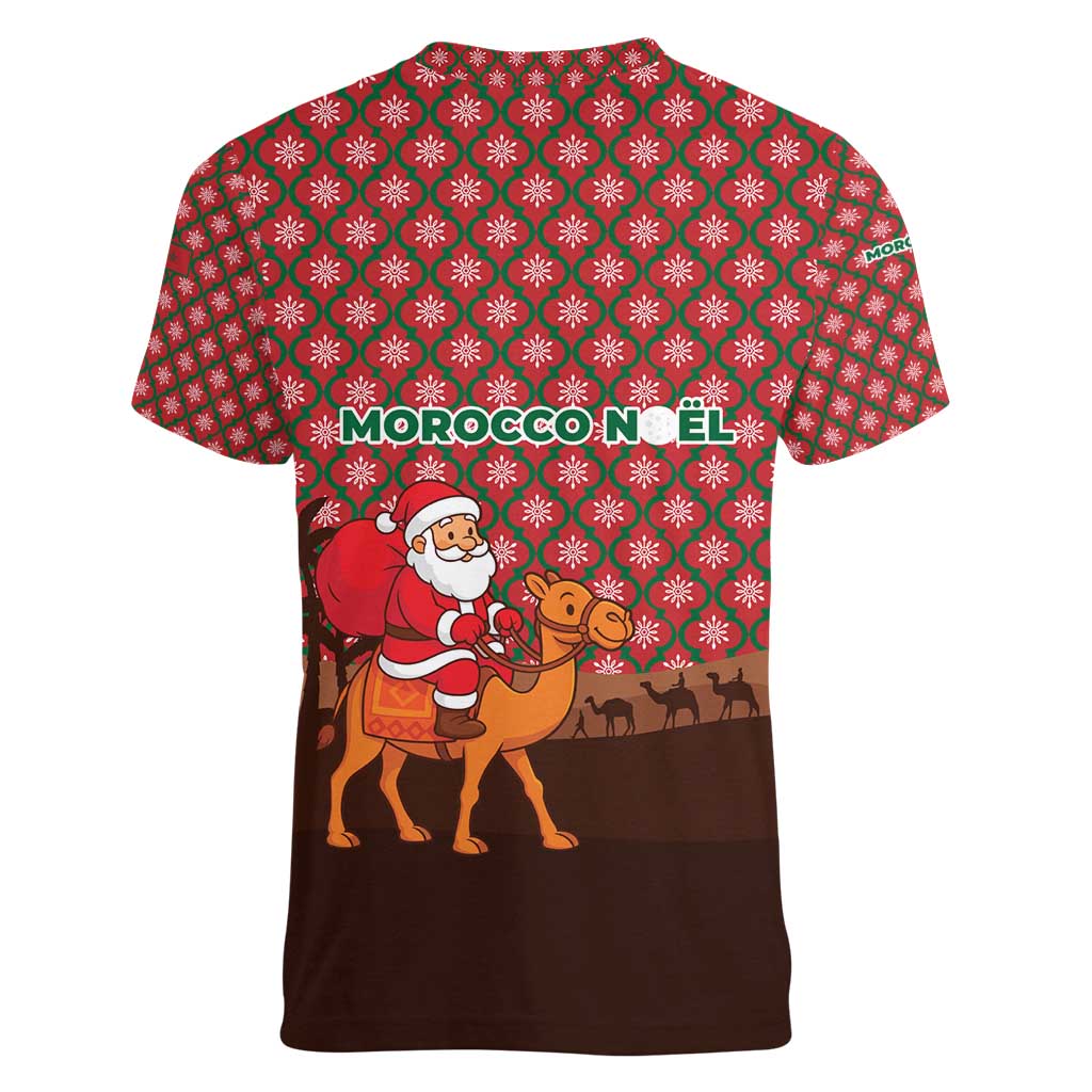 Morocco Christmas Women V-Neck T-Shirt with Santa Claus Camel Caravan Desert Scene and Red Pattern Design - Wonder Print Shop