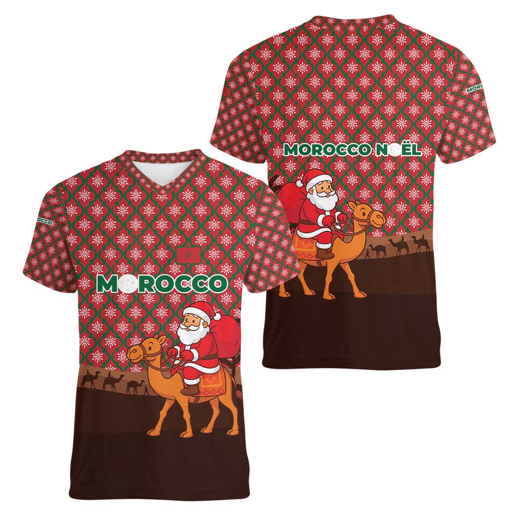 Morocco Christmas Women V-Neck T-Shirt with Santa Claus Camel Caravan Desert Scene and Red Pattern Design - Wonder Print Shop