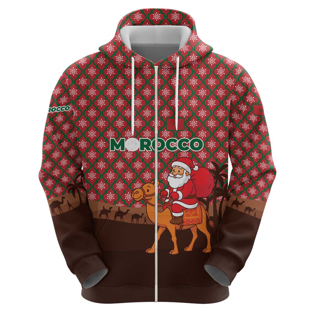 Morocco Christmas Zip Hoodie with Santa Claus Camel Caravan Desert Scene and Red Pattern Design - Wonder Print Shop