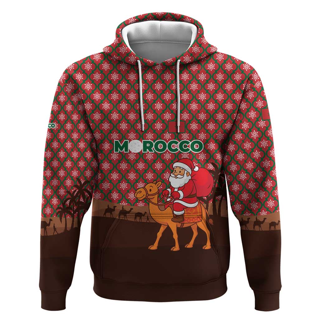 Morocco Christmas Zip Hoodie with Santa Claus Camel Caravan Desert Scene and Red Pattern Design - Wonder Print Shop