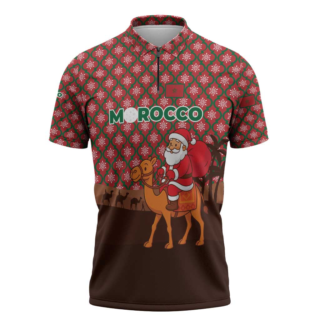 Morocco Christmas Zipper Polo Shirt with Santa Claus Camel Caravan Desert Scene and Red Pattern Design - Wonder Print Shop