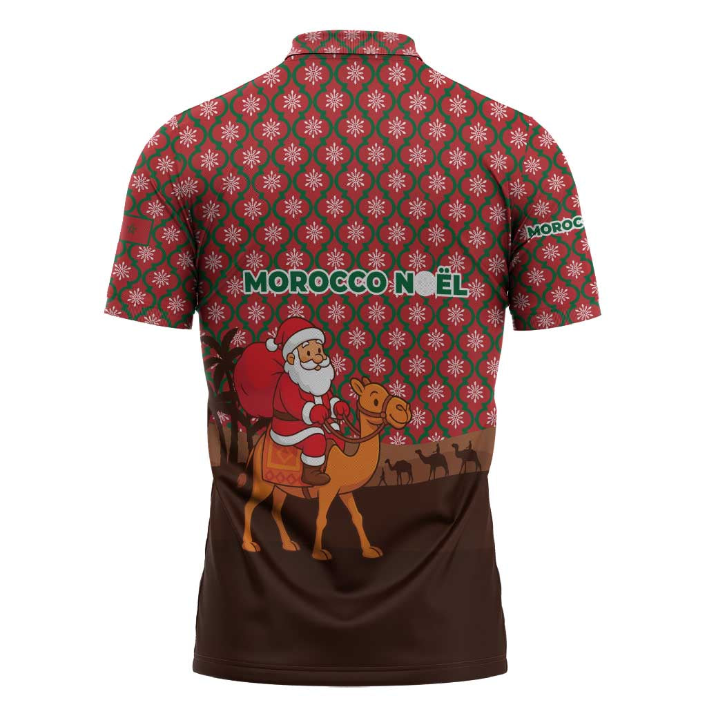 Morocco Christmas Zipper Polo Shirt with Santa Claus Camel Caravan Desert Scene and Red Pattern Design - Wonder Print Shop