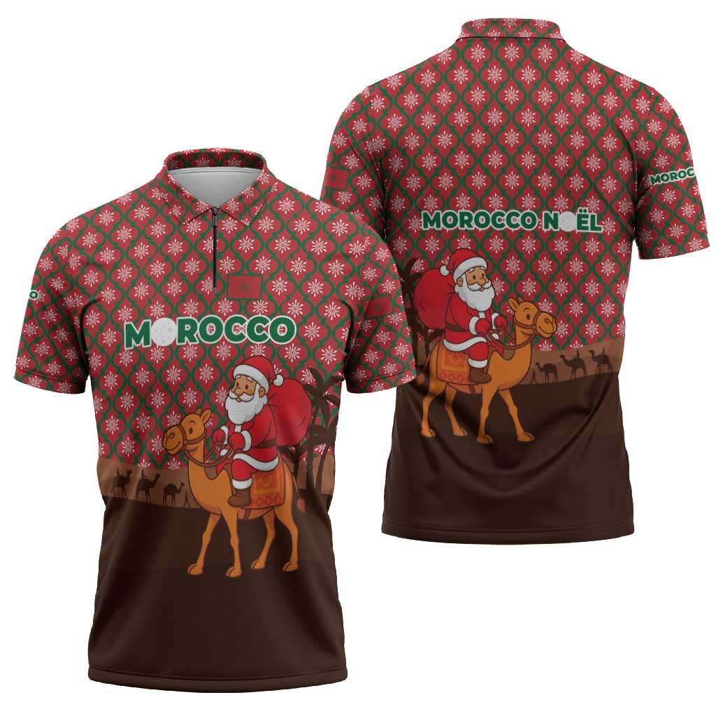 Morocco Christmas Zipper Polo Shirt with Santa Claus Camel Caravan Desert Scene and Red Pattern Design - Wonder Print Shop