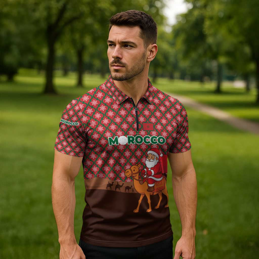 Morocco Christmas Zipper Polo Shirt with Santa Claus Camel Caravan Desert Scene and Red Pattern Design - Wonder Print Shop