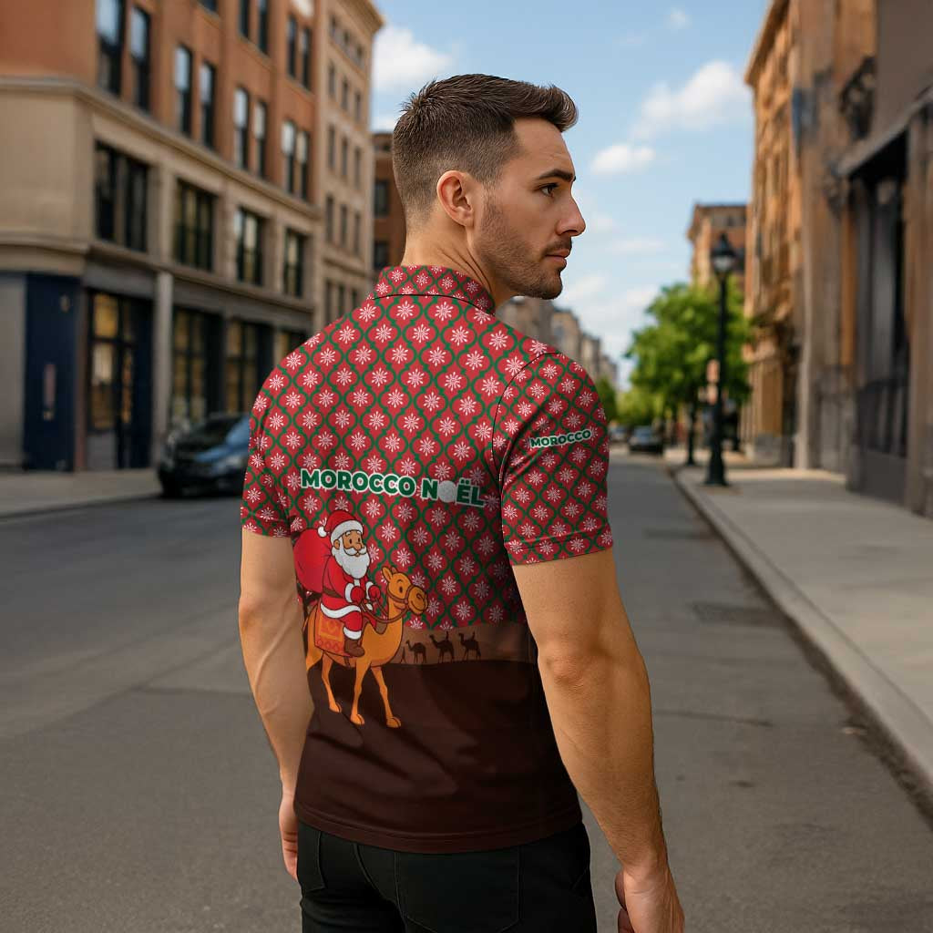 Morocco Christmas Zipper Polo Shirt with Santa Claus Camel Caravan Desert Scene and Red Pattern Design - Wonder Print Shop