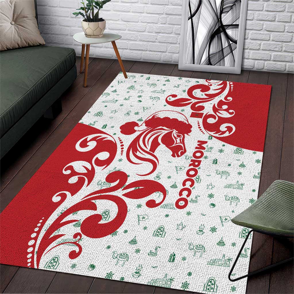 Morocco Christmas Area Rug with Red Horse Santa Hat Arabesque Pattern and Holiday Icons Design - Wonder Print Shop