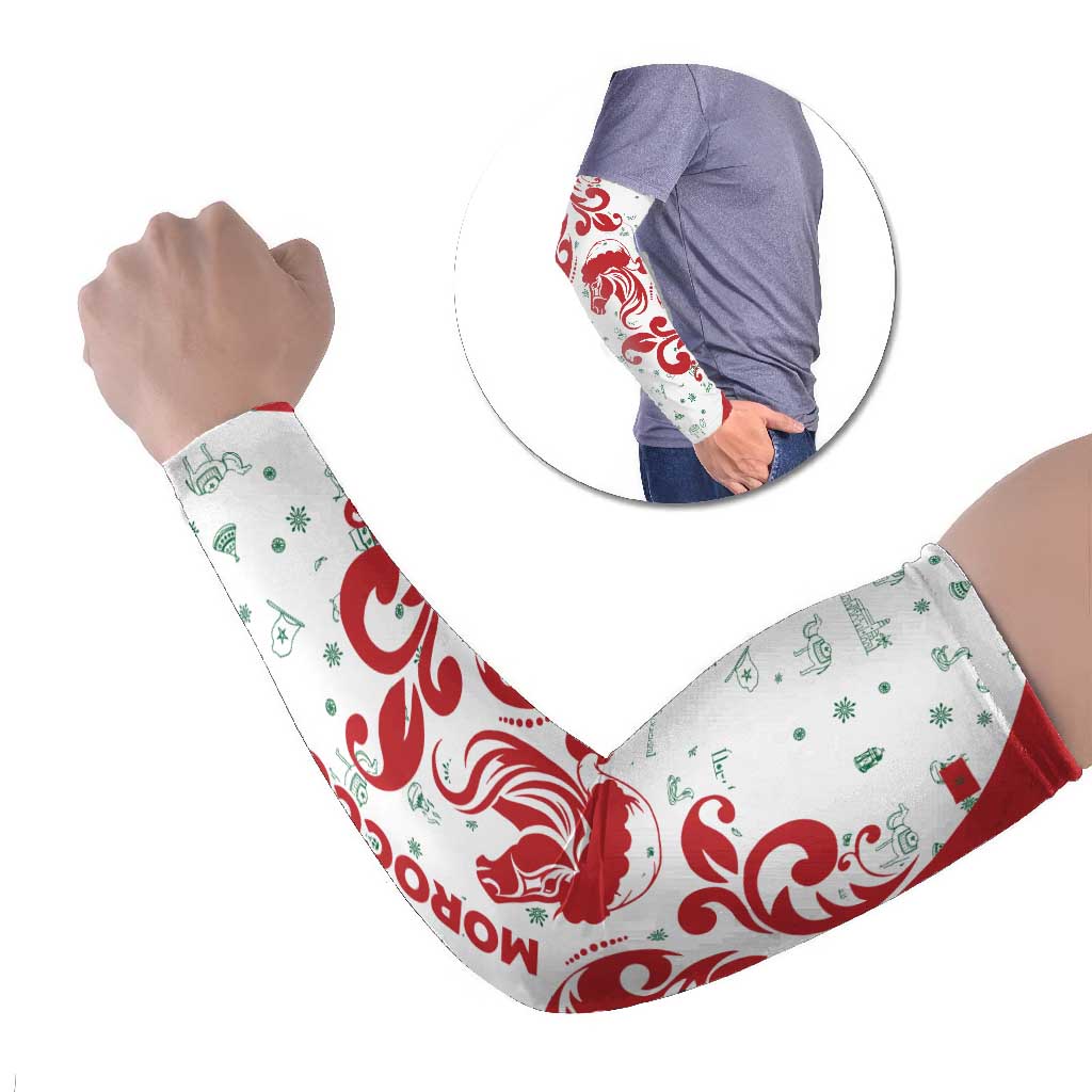 Morocco Christmas Arm Sleeves with Red Horse Santa Hat Arabesque Pattern and Holiday Icons Design - Wonder Print Shop