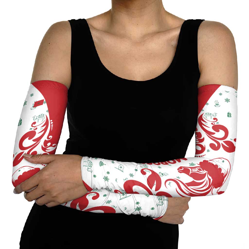 Morocco Christmas Arm Sleeves with Red Horse Santa Hat Arabesque Pattern and Holiday Icons Design - Wonder Print Shop